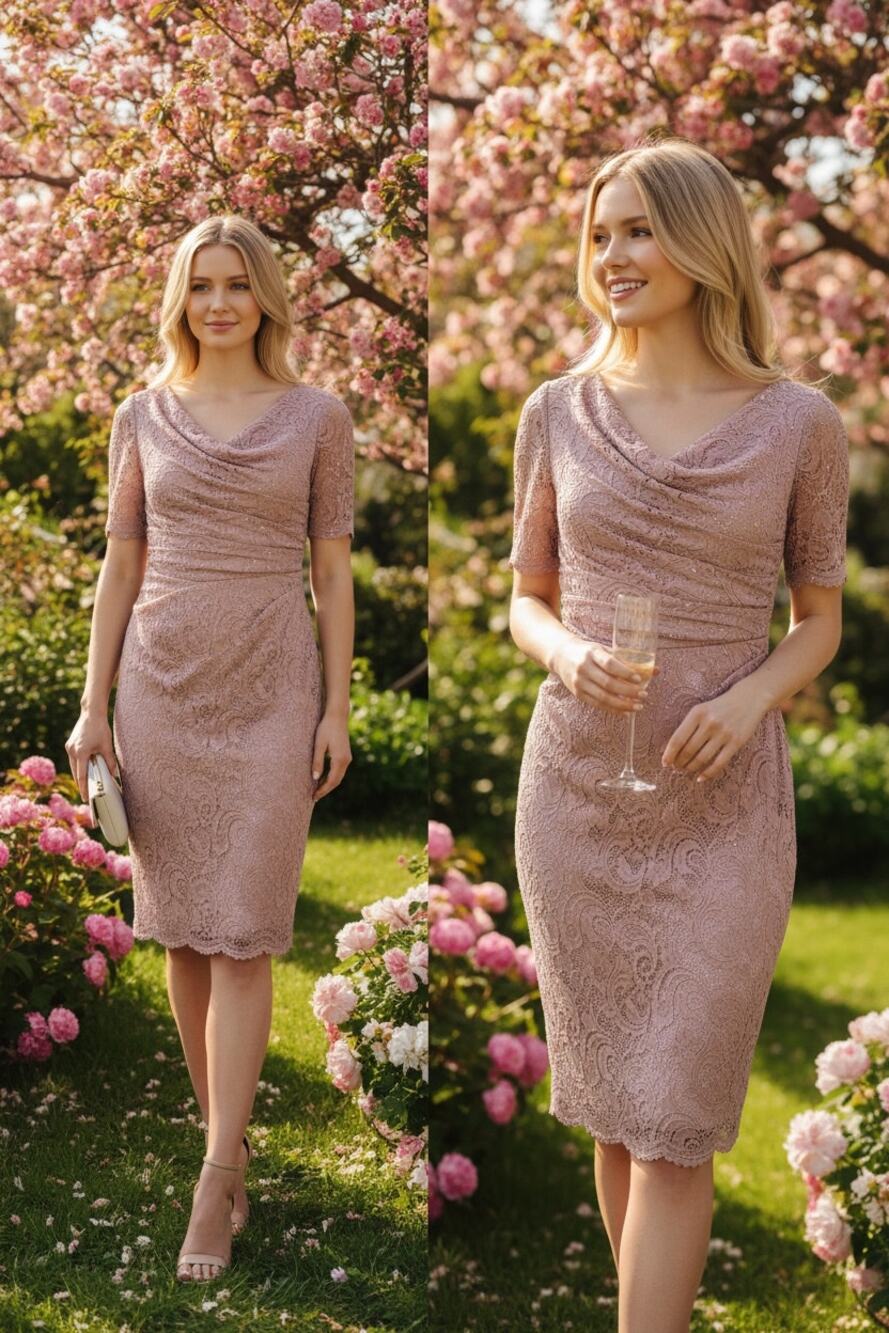 Adrianna Papell Mauve Pink Lace Sequin Dress Bridal Shower Wedding Guest Fall